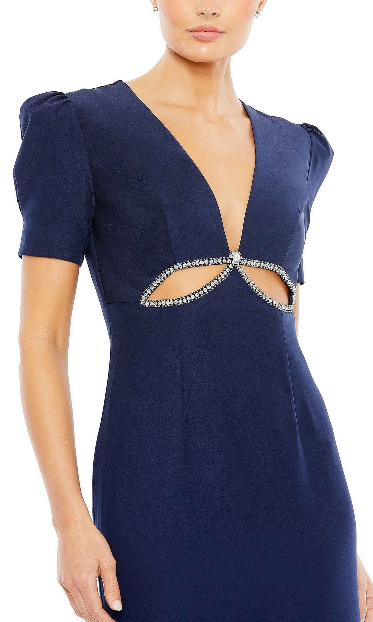 Woman in a navy blue Mac Duggal 2630 short-sleeve long formal dress with a deep V-neckline and jeweled cutout below the bust.